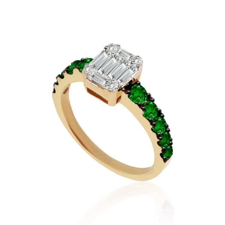 Anillo Diamantes Electra 0.44 Oro Amarillo y Esmeralda