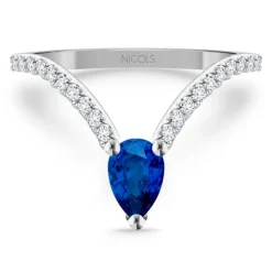 Anillo en V diamantes y zafiro Vera oro blanco