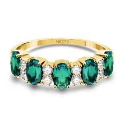 Anillo Oro Amarillo, Esmeraldas Ovales y Diamantes Riviere Royal