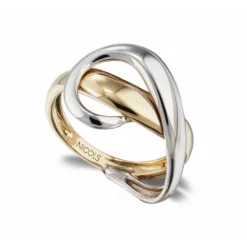 Anillo Oro Escultural Concava Onda Latigo Oro Amarillo y Blanco