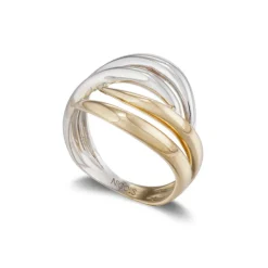 Anillo Oro Escultural Tu y Yo Doble Banda Oro Amarillo y Oro Blanco