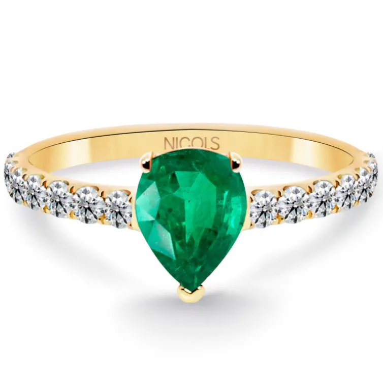 Anillo pera Lolita Esmeralda y Diamantes 0.85 Oro Amarillo