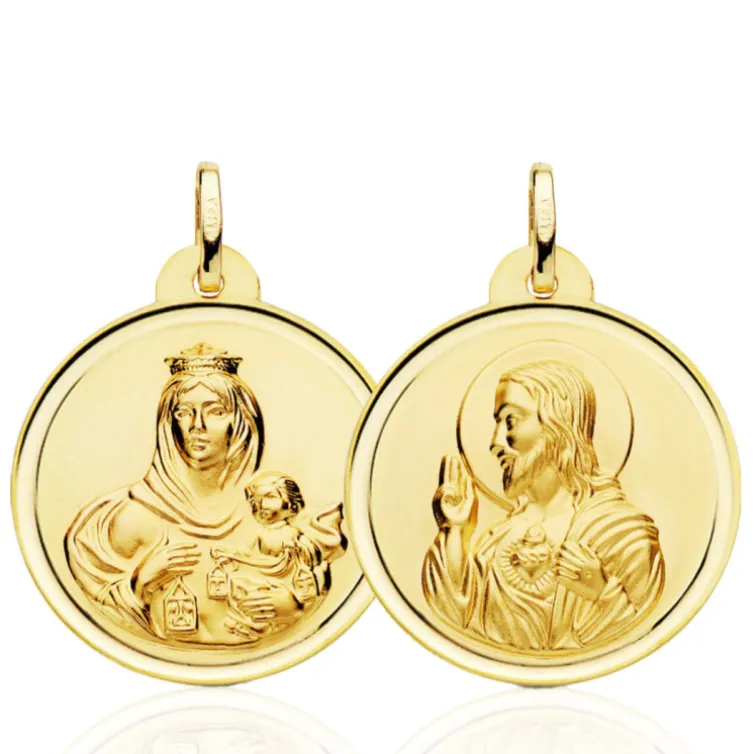 Escapulario 26Mm Virgen Del Carmen Y Corazón De Jesús Bisel 18K
