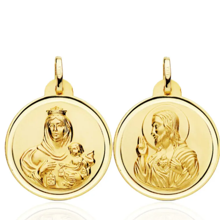 Escapulario 24Mm Virgen Del Carmen Y Corazón De Jesús Bisel 18K