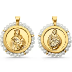 Escapulario oro y perlas Virgen del Carmen y Sagrado Corazón