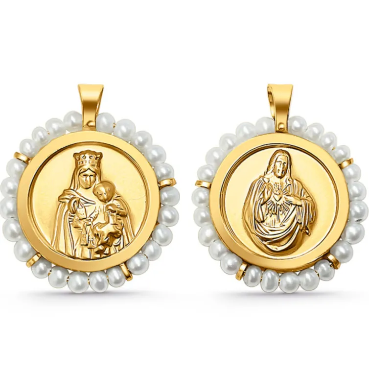 Escapulario oro y perlas Virgen del Carmen y Sagrado Corazón