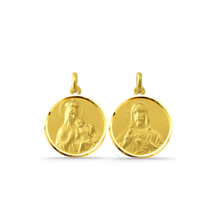 Escapulario Virgen del Carmen y Sagrado Corazón 18K Bisel