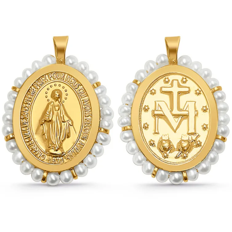 Escapulario Virgen Milagrosa oro y perlas