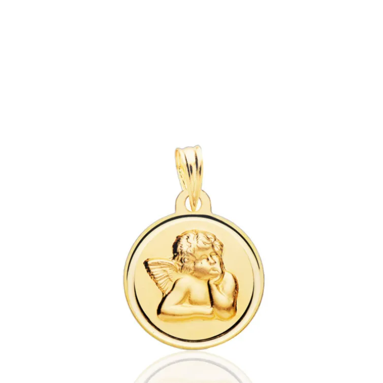 Medalla 14Mm Angel Serafin Bisel Liso 18K
