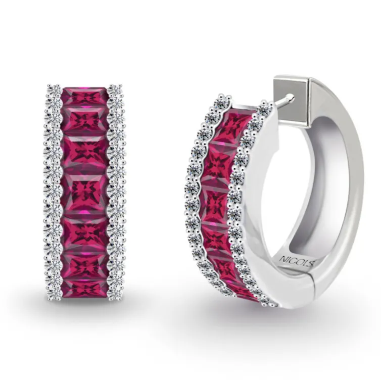 Pendientes Aro con Zafiros Rojos y Diamantes Princess