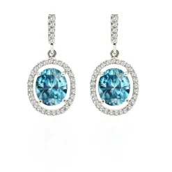 Pendientes Oro Zircon Azul Sello Oval Largos