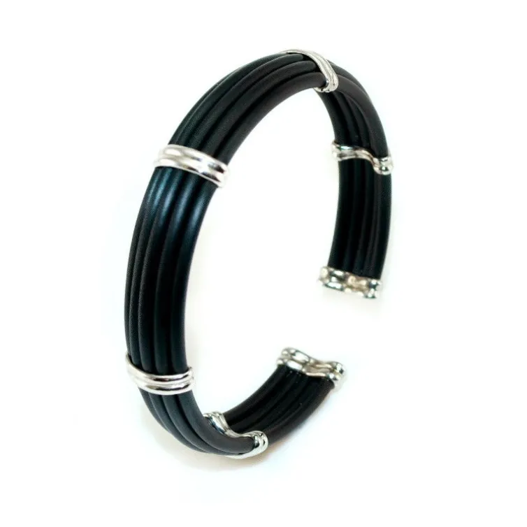 Pulsera Plata y Caucho Unisex Bóveda Gallón Doble 12mm